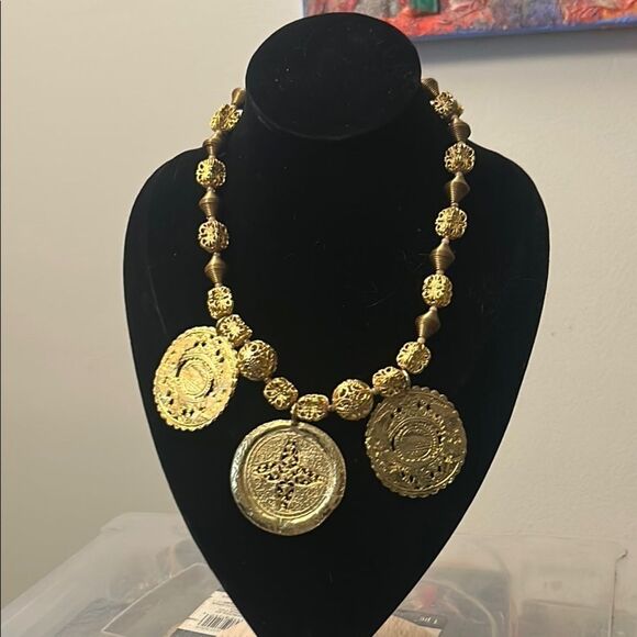 Vintage Kenneth Lane Ethnic Medallion Necklace 19" KJL Filigree Coiled Beads - Picture 1 of 4